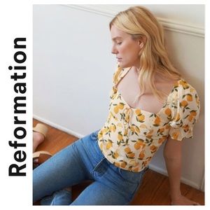 Reformation Delevan Short Sleeve Top in Yellow Lemon Floral Print Size 4